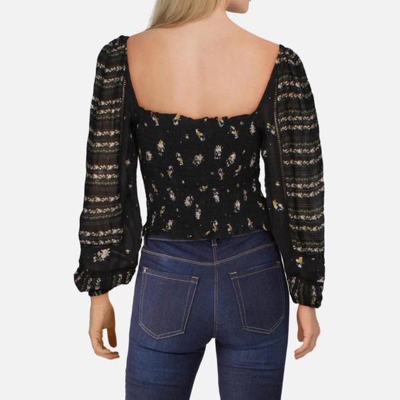 Anthropologie Dolan Pieta Balloon Sleeve Smocked Floral Blouse Large Black - Picture 2 of 11